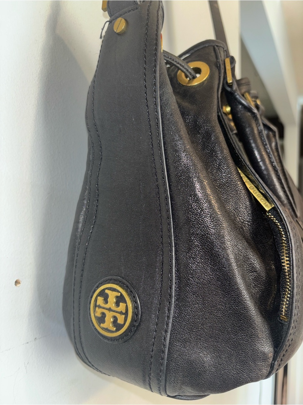 Tory Burch Black Leather Messenger with Gold Hardware